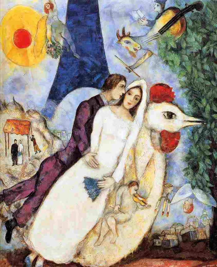 Marc chagall the couple of the eiffel tower  bride and groom of the eiffel tower   1938 1939