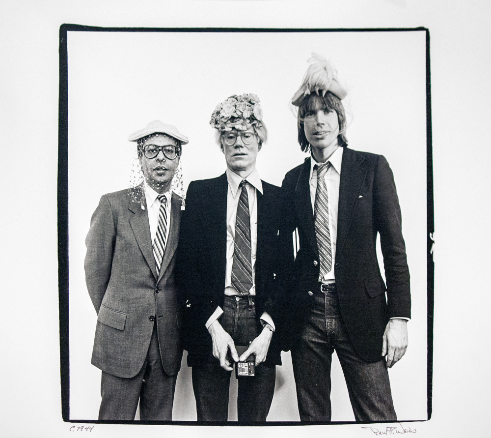 Bob colacello  andy warhol and christopher murray in hats  paul weiss  1979