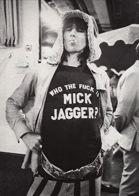  Keith Richards wearing a "Who the F*ck is Mick Jagger?" T-Shirt, During the Rolling Stones' Tour of the Americas, 1975 