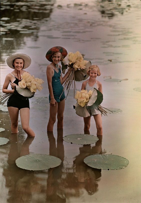 Girls standing in water holding bunches of american lotus  amana  iowa  1938.