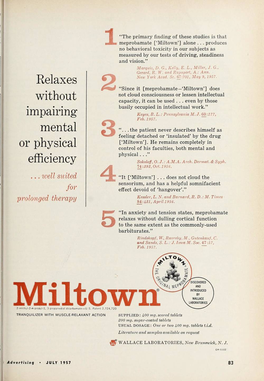  Wallace Laboratories, Miltown Ad, 1957 