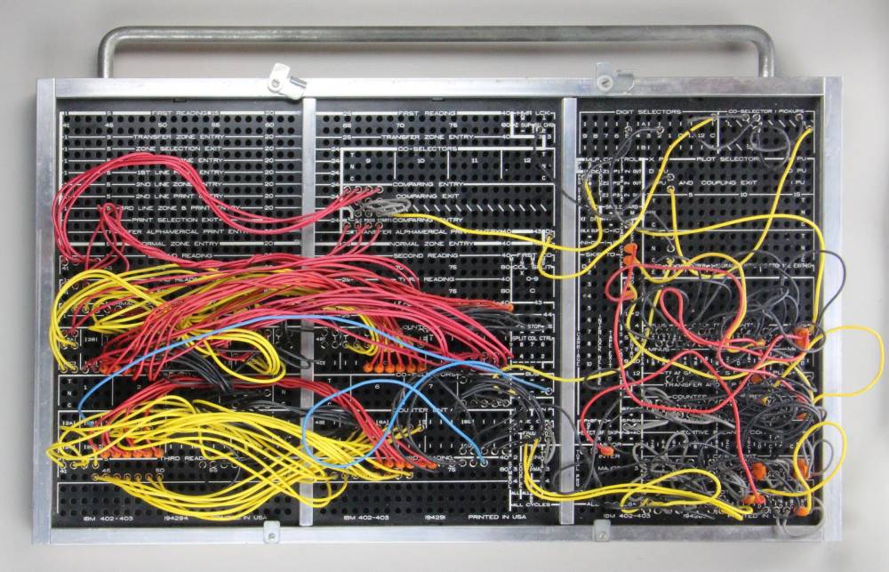 1950s plugboard for an ibm 403 implements tax deduction computation. board courtesy of carl claunch