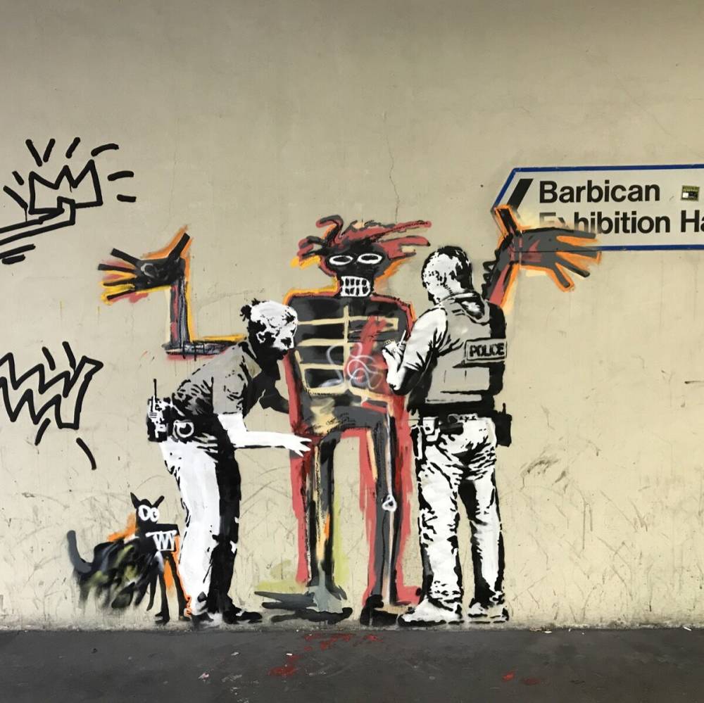  Banksy, Basquiat being “stopped-and-frisked” outside the Barbican Centre, 2017 