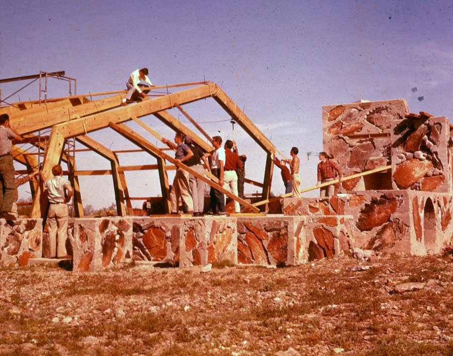 Taliesin apprentices assemble the roof of the music pavilion  which was completed in the late 1950s
