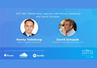 Images of Ronny Vellekoop and David Schupak on a blue background promoting the latest Global Captive podcast available on iTunes, Soundcloud and Spotify. Caption reads, GCP #61: Middle East captives with Ronny Vellekoop and David Schupak.