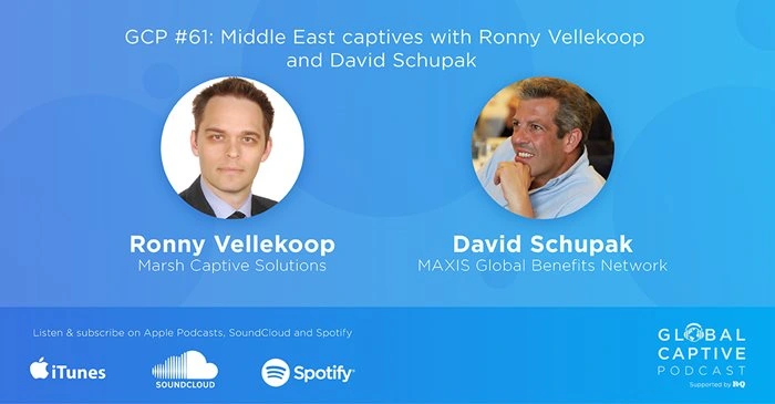 Images of Ronny Vellekoop and David Schupak on a blue background promoting the latest Global Captive podcast available on iTunes, Soundcloud and Spotify. Caption reads, GCP #61: Middle East captives with Ronny Vellekoop and David Schupak.