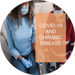 Caption reads: Covid-19 and chronic disease. Background shows two people wearing surgical masks and gloves looking at a medical device.