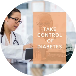 Caption reads: Take control of diabetes. In the background, a doctor shows a man his health information on a tablet.