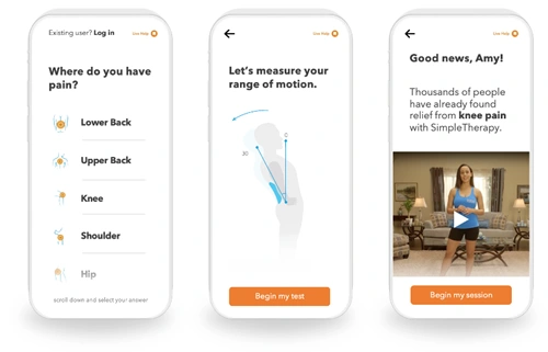 SimpleTherapy app photo showing how the app works, including options to list 'where you have pain,' measuring range of motion, and a screen for knee pain patients showing a session featuring a woman in an exercise video.