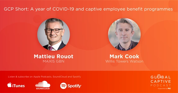 MAXIS chief executive Mattieu Rouot and Willis Towers Watson's Mark Cook appear on a promotional image for the Global Captive Podcast, available via iTunes, SoundCloud and Spotify. Image captioned: GCP Short: A year of COVID-19 and captive employee benefits programmes.