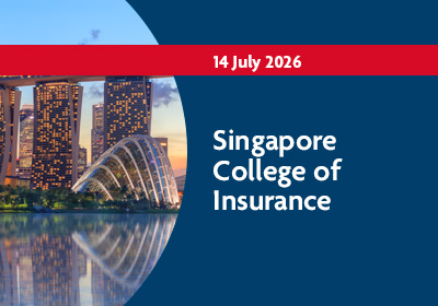 Promotional graphic for a Singapore College of Insurance event on 14 July 2026, featuring the Marina Bay skyline at dusk.