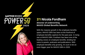 MAXIS' Nicola Fordham features on Captive Review's Power 50 list for 2020. Nicola is pictured with a yellow lightning bolt on a black background.