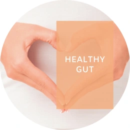 Caption reads: Healthy gut. In the background, a woman makes a heart-shape with her hands against her stomach.