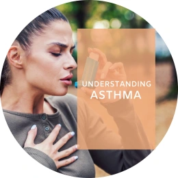 Caption reads: Understanding asthma. In the background, a woman clutching her chest is about to take a puff of an inhaler.