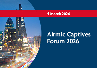 View of London skyline with text "Airmic Captives Forum 2026", "4 March 2026"