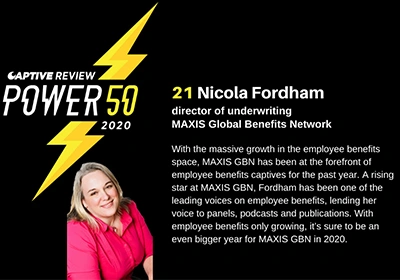 MAXIS' Nicola Fordham features on Captive Review's Power 50 list for 2020. Nicola is pictured with a yellow lightning bolt on a black background.