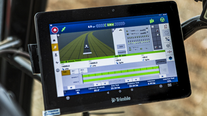 A Trimble GFX display being used for monitoring seed during planting.