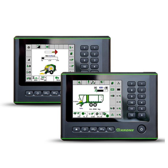 A studio image of custom Krone displays developed by Müller-Elektronik (now part of Trimble).