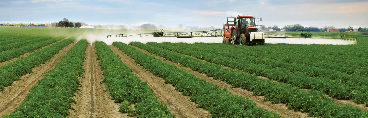 Ein Landwirt beim Spritzen eines Feldes.