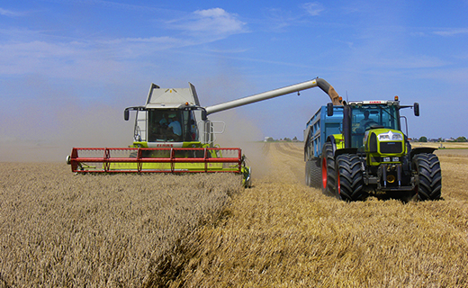 Un agricultor utiliza el sistema de dirección Trimble Autopilot para añadir precisión durante la cosecha de trigo.