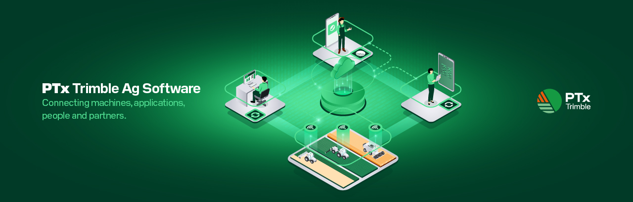 A graphic illustration showing how PTx Trimble Ag Softare connects between machines, applications, people and partners.