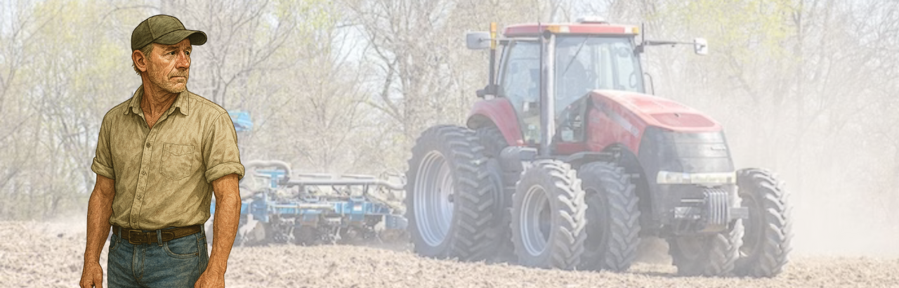 An illustration of a farmer overlaid with a picture of a red tractor