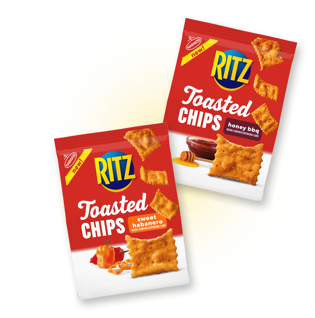 Product packshots featuring the new Honey BBQ and Sweet Habanero Ritz Toasted Chips