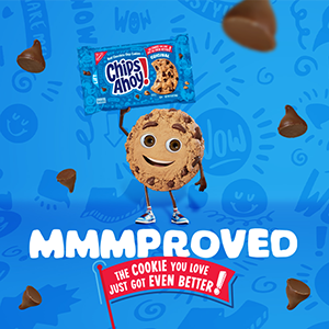 Chips Ahoy! iconic original cookie with an "MMMPROVED" recipe and pack design