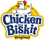 Chicken in a Biskit logo featuring a cartoon chicken with a red scarf and cowboy hat
