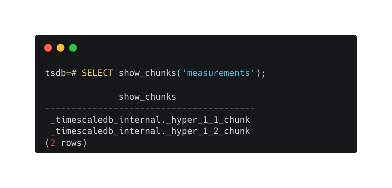 The output of show_chunks on the measurements hypertable. Two chunks are shown: hyper_1_1_chunk and hyper_1_2_chunk.