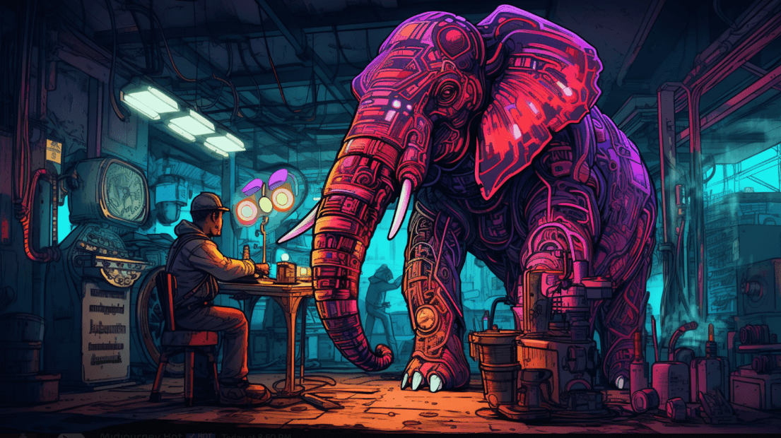 An elephant being workshopped by a developer—a metaphor for fine-tuning PostgreSQL performance