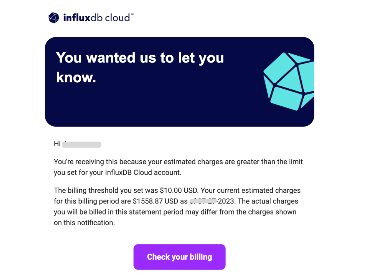 Influx's email with our bill for one benchmark.