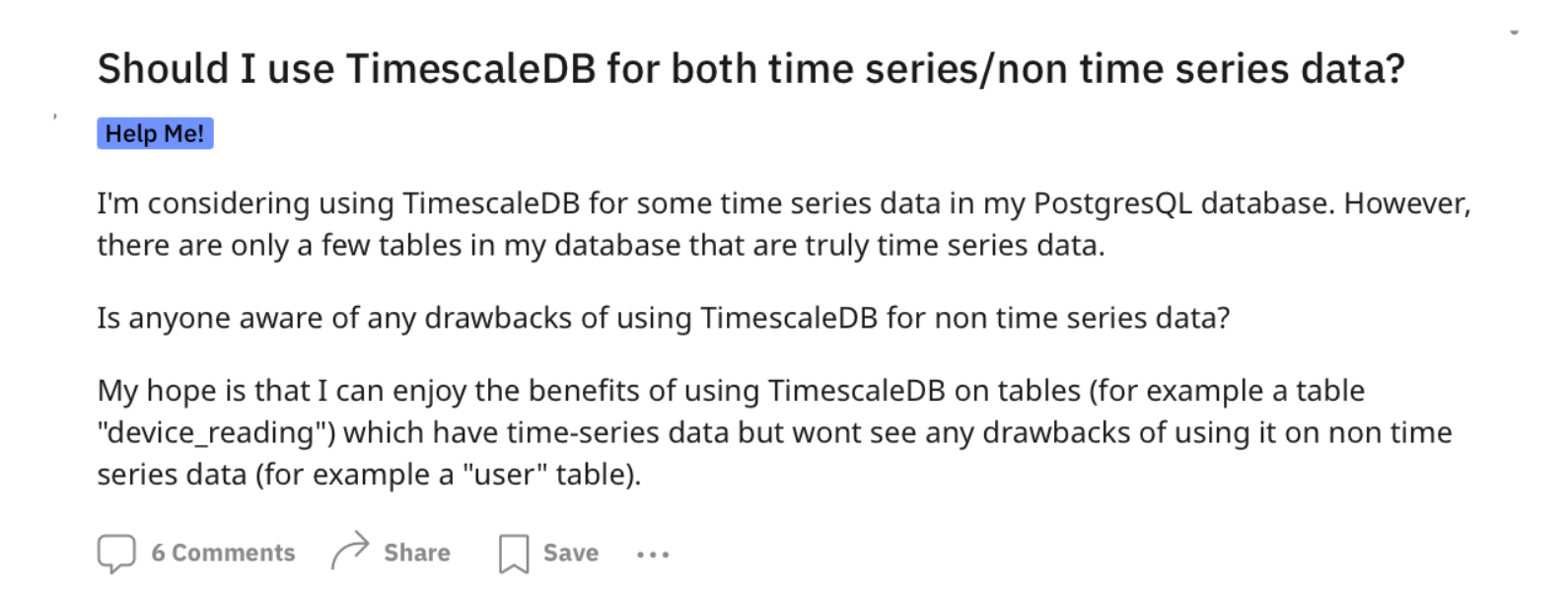 A Reddit screenshot asking if TimescaleDB works for both time series and non time-series data.