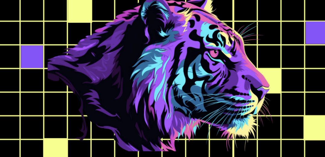 A colorful tiger with a grid (representing the many Postgres partitions) in the background.