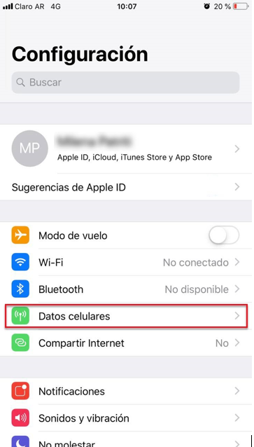 Ingresá a Configuración/Datos celulares