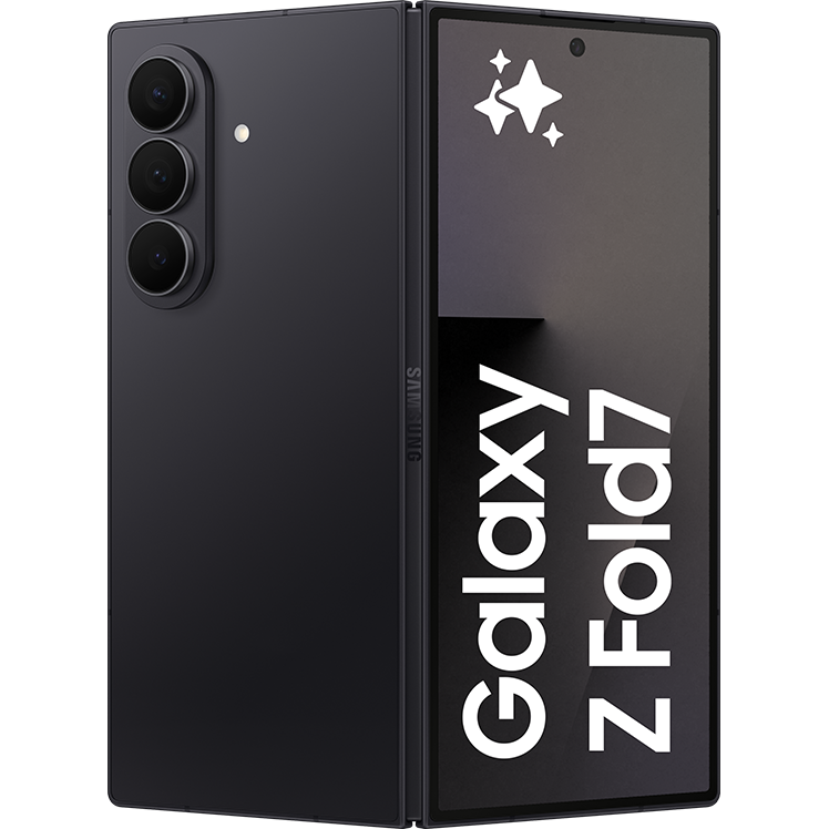 Samsung Galaxy Z Fold7 i svart, visad i halvt öppet läge med framskärmen påslagen och baksidan synlig.