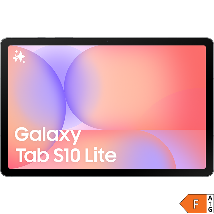 Samsung Galaxy Tab S10 Lite surfplatta med rosa och lila gradient bakgrund och produktnamn i vitt längst ner på skärmen.