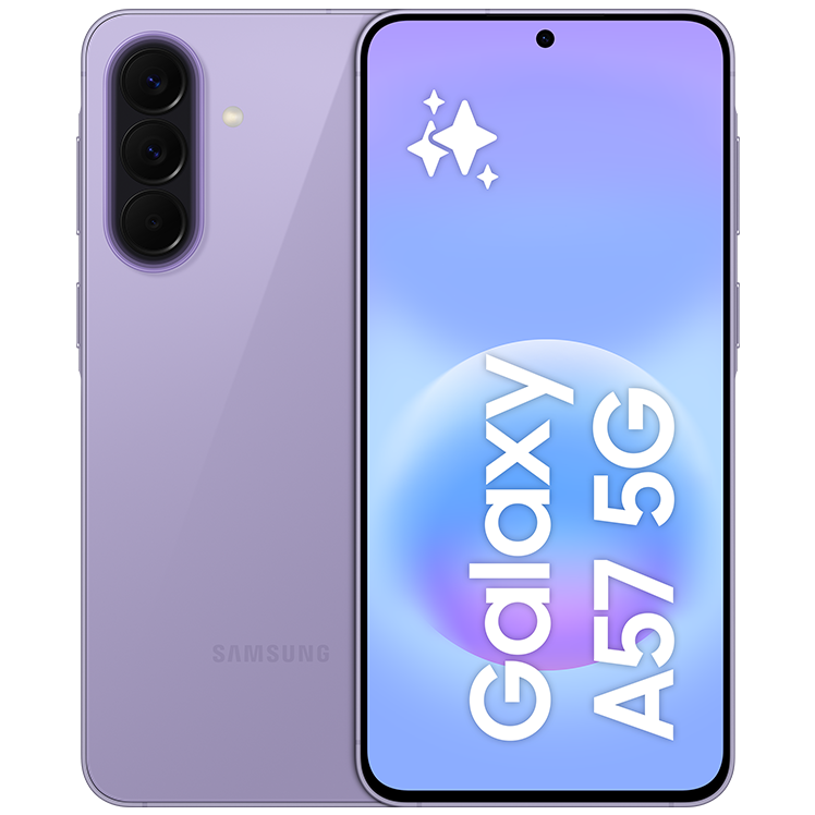 Lila Samsung Galaxy A57 5G-smartphone med ljusblå skärm som visar produktnamnet och dekorativa stjärnor. Energiklass A visas i hörnet.