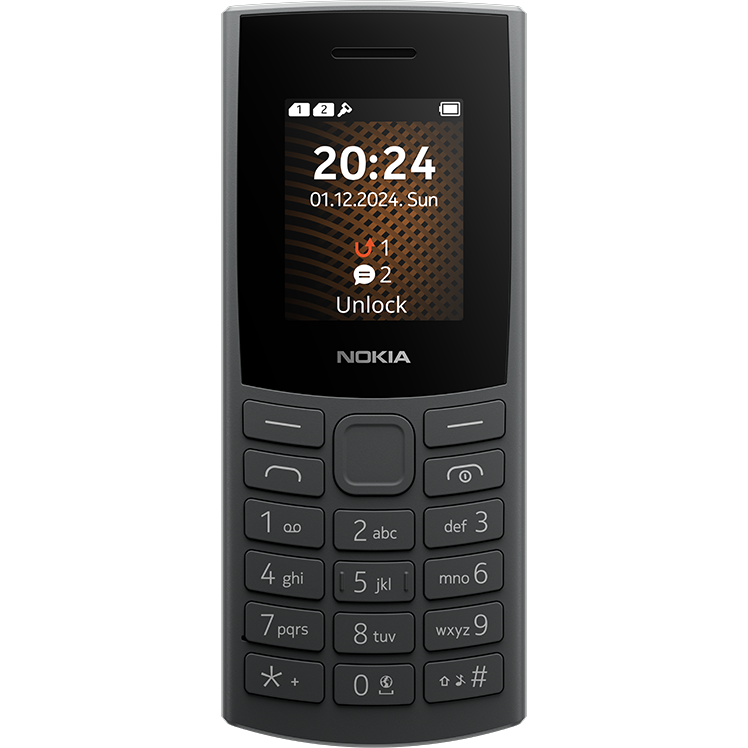 En svart Nokia-mobiltelefon med knappsats visar låsskärmen med tiden 20:24 och datum 01.12.2024.