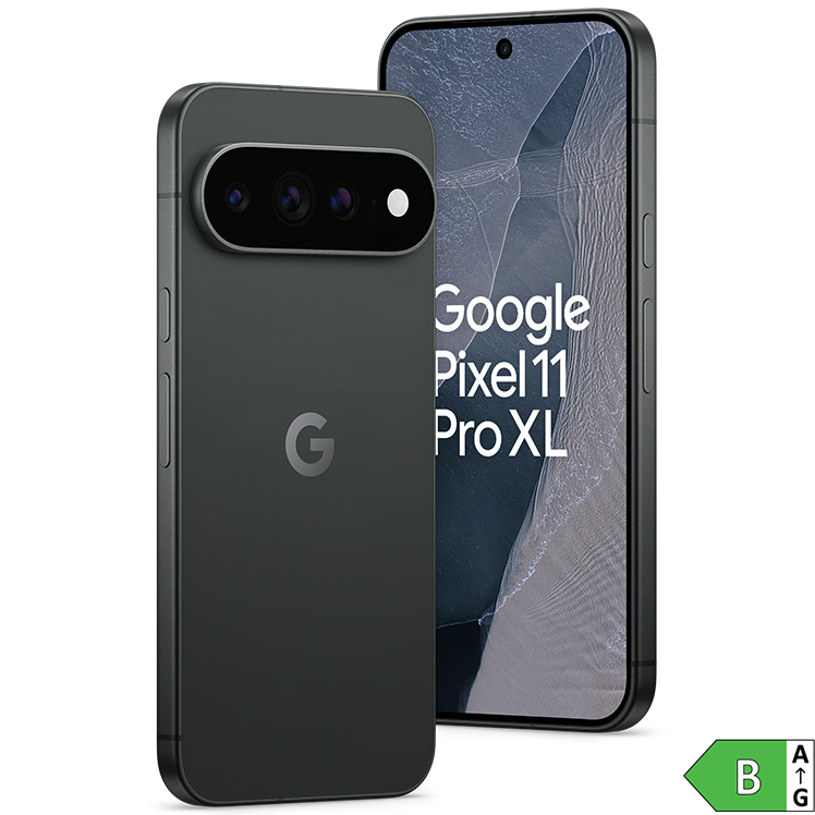 Google Pixel 11 Pro XL i svart färg visad från fram- och baksida med trippelkamera och energiklass B-märkning.