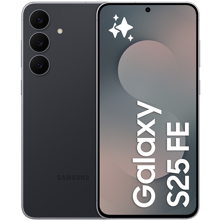 Svart Samsung Galaxy S25 FE med tre kameror på baksidan och en skärm som visar produktnamnet och stjärnor.