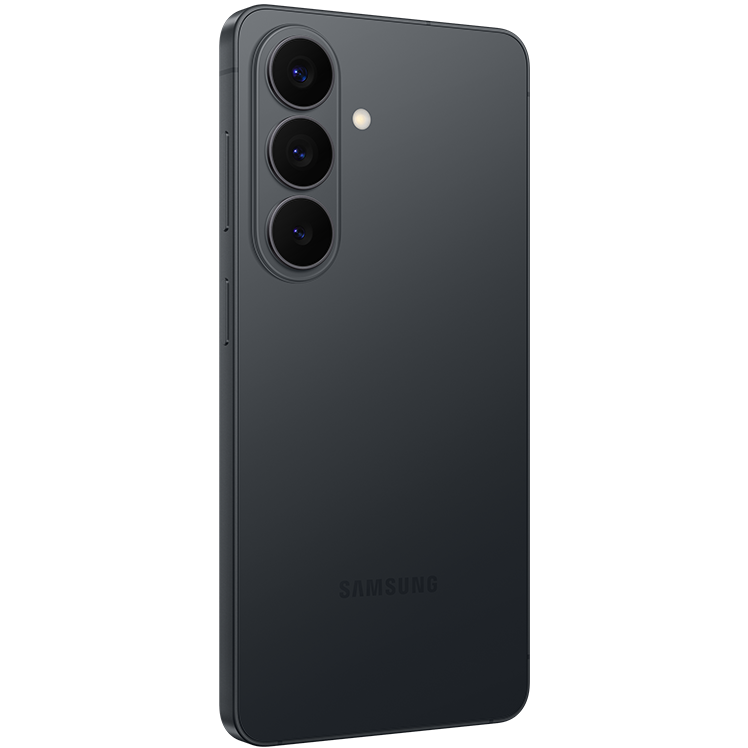 Svart Samsung-smartphone sedd snett bakifrån med tre vertikalt placerade kameralinser i svart på vänster sida.