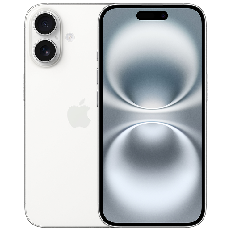 iPhone 16, svart, fram- och baksida, skärm med mönster på framsidan, två kameror i övre vänstra hörnet på baksidan