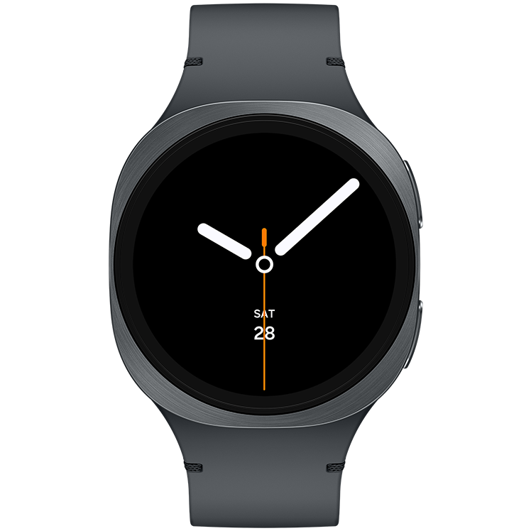 Galaxy Watch8 med mörkgrått armband och rund svart analog urtavla som visar tiden 10:10 och datum.