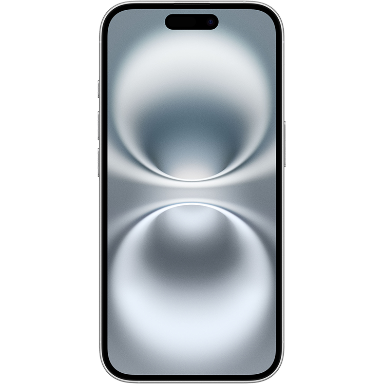 iPhone 16, vit, framsida, mönstrad skärmbakgrund, utskärning för kamera och högtalare i övre delen av skärmen