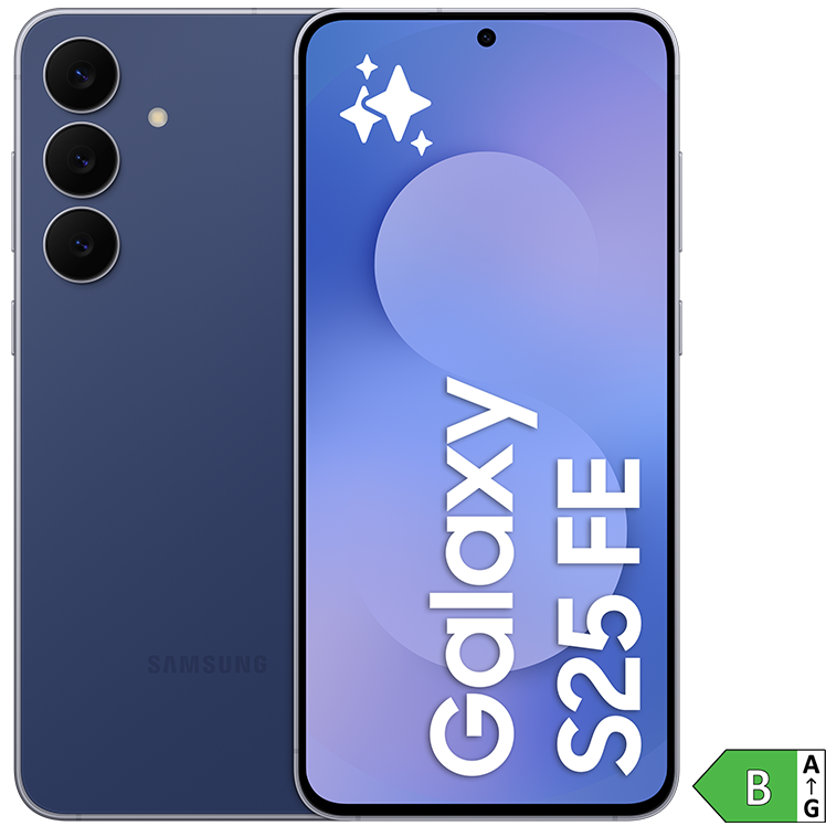 Mörkblå Samsung Galaxy S25 FE med tre kameror på baksidan och blå skärm.