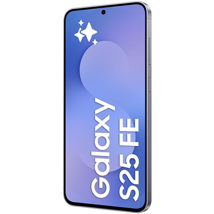Perspektiv av en Samsung Galaxy S25 FE med lila skärm som visar mobilen namn och stjärnformade ikoner i övre hörnet.