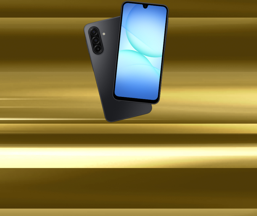 Samsung Galaxy A17 mot en guldfärgad bakgrund i olika nyanser