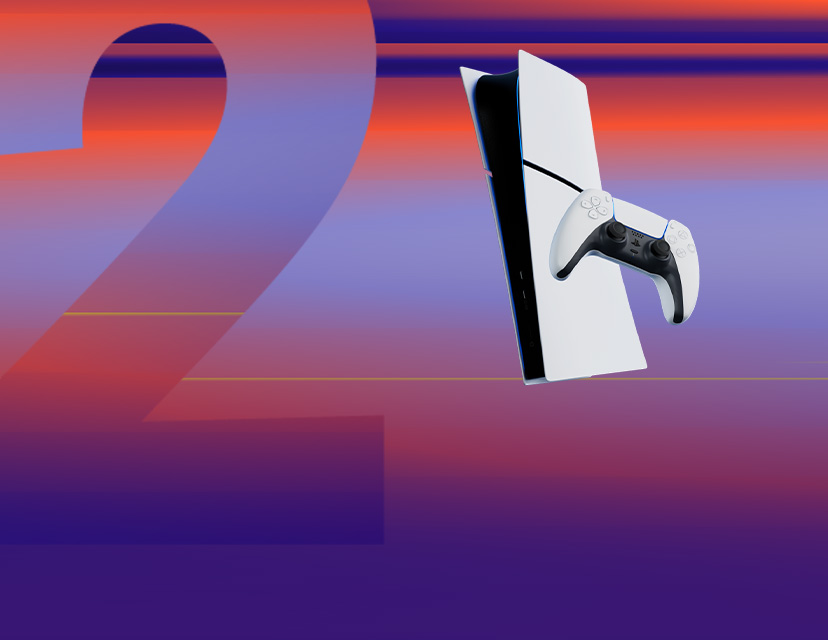 Färgglad bakgrund med PlayStation 5 framför 