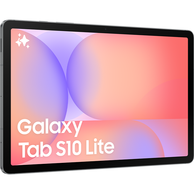 Samsung Galaxy Tab S10 Lite surfplatta med färgglad skärm i rosa och lila toner, visad från sidan.